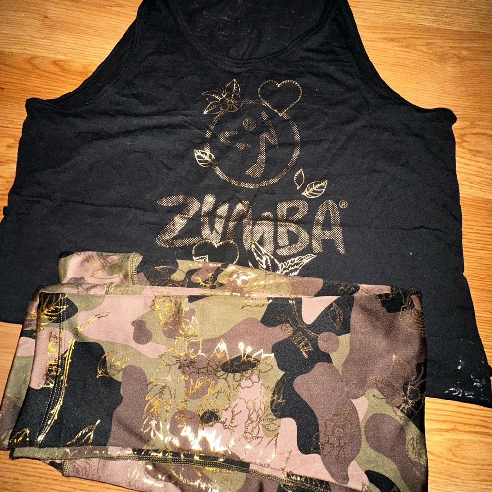 Zumba Black Tank Top and Camouflage Leggings  with BEAUTIFUL gold embellishment